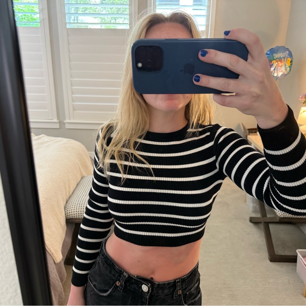 Miss Selfridge Black and White striped Long Sleeve Crop Top